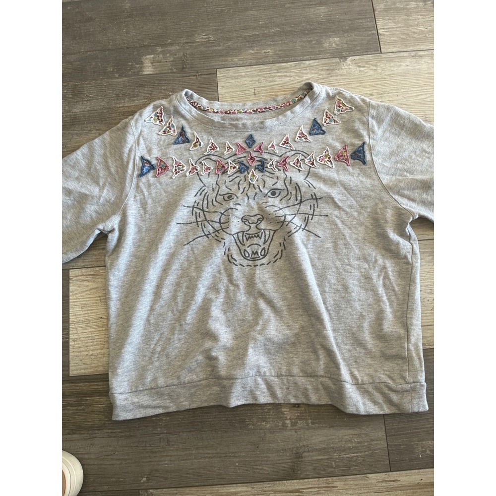 Luna Mercantile Co Anthropologie Grey Tiger Embroidered Sweatshirt Top M‎